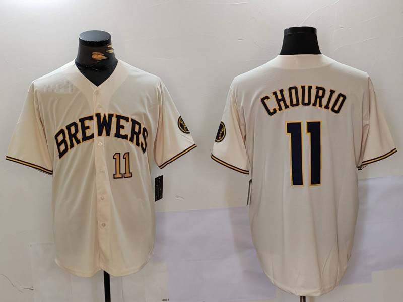 M.Brewers #11 Jackson Chourio Cream Stitched Cool Base Baseball Jerseys Player Jersey