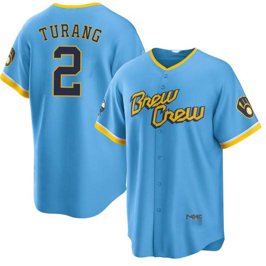 M.Brewers #2 Brice Turang Player Blue City Connect Cool Base Stitched Baseball Jerseys