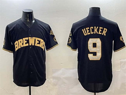 M.Brewers #9 Bob Uecker Player Black Gold With Home Patch Limited Stitched Baseball Jerseys