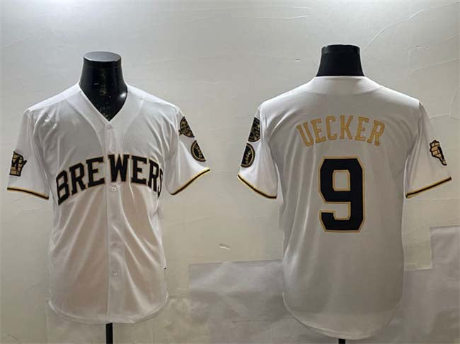 M.Brewers #9 Bob Uecker Player White Gold With Home Patch Limited Stitched Baseball Jerseys