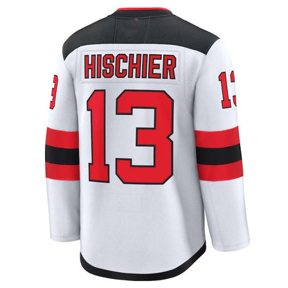 NJ.Devils #13 Nico Hischier Player Fanatics Away Premium Jersey - White Stitched American Hockey Jerseys