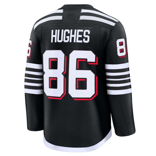 NJ.Devils #86 Jack Hughes Player Fanatics Alternate Premium Jersey - Black Stitched American Hockey Jerseys