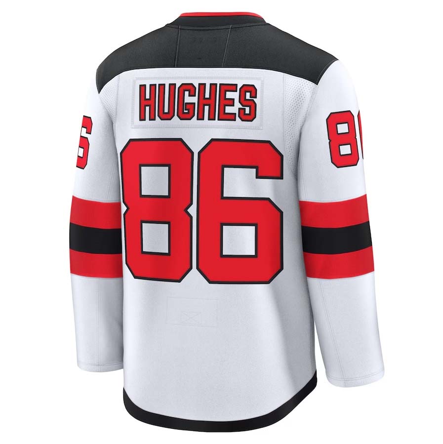 NJ.Devils #86 Jack Hughes Player Fanatics Away Premium Jersey - White Stitched American Hockey Jerseys