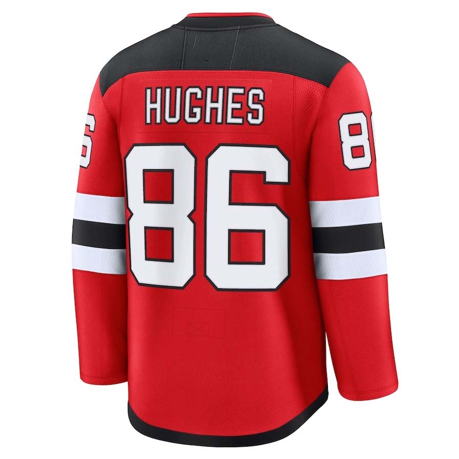 NJ.Devils #86 Jack Hughes Player Fanatics Home Premium Jersey - Red Stitched American Hockey Jerseys