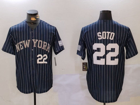 NY.Yankees #22 Juan Soto Navy Pinstripe Fashion Cool Base Baseball Jerseys Player Jersey