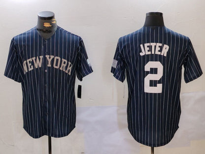 NY.Yankees #2 Derek Jeter Navy Pinstripe Fashion Cool Base Baseball Jerseys Player Jersey