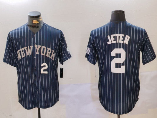 NY.Yankees #2 Derek Jeter Navy Pinstripe Fashion Cool Base Baseball Jerseys Player Game Jersey