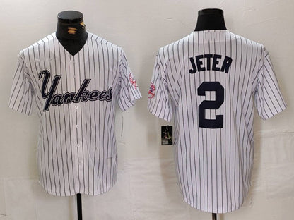 NY.Yankees #2 Derek Jeter Player White Pinstripe Fashion Cool Base Baseball Jerseys