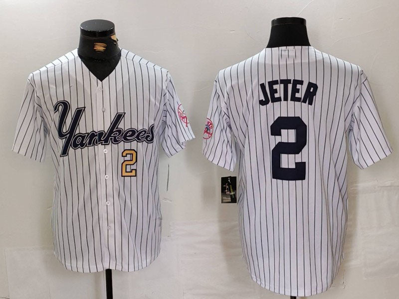 NY.Yankees #2 Derek Jeter White Pinstripe Fashion Cool Base Baseball Jerseys Player Jersey