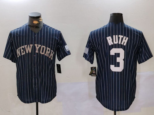 NY.Yankees #3 Babe Ruth Navy Pinstripe Fashion Cool Base Baseball Jerseys Player Jersey