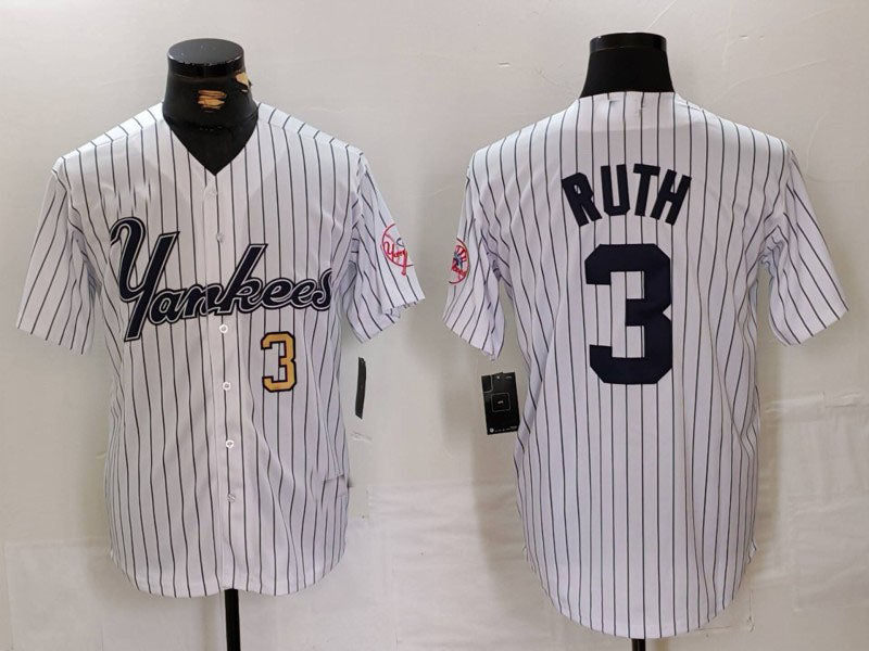 NY.Yankees #3 Babe Ruth White Pinstripe Fashion Cool Base Baseball Jerseys Player Game Jersey