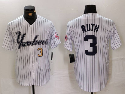 NY.Yankees #3 Babe Ruth White Pinstripe Fashion Cool Base Baseball Jerseys Player Game Jersey