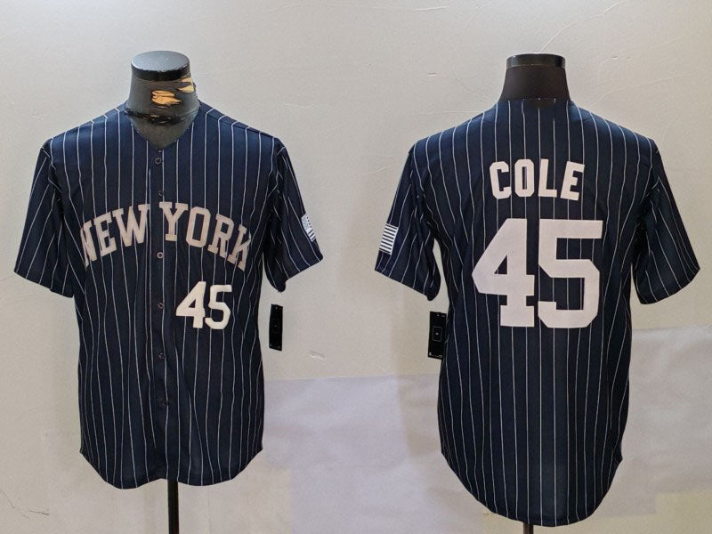 NY.Yankees #45 Gerrit Cole Navy Pinstripe Fashion Cool Base Baseball Jerseys Player Jersey