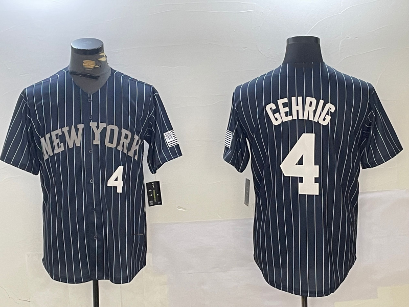 NY.Yankees #4 Lou Gehrig Navy Pinstripe Fashion Cool Base Baseball Jerseys Player Jersey