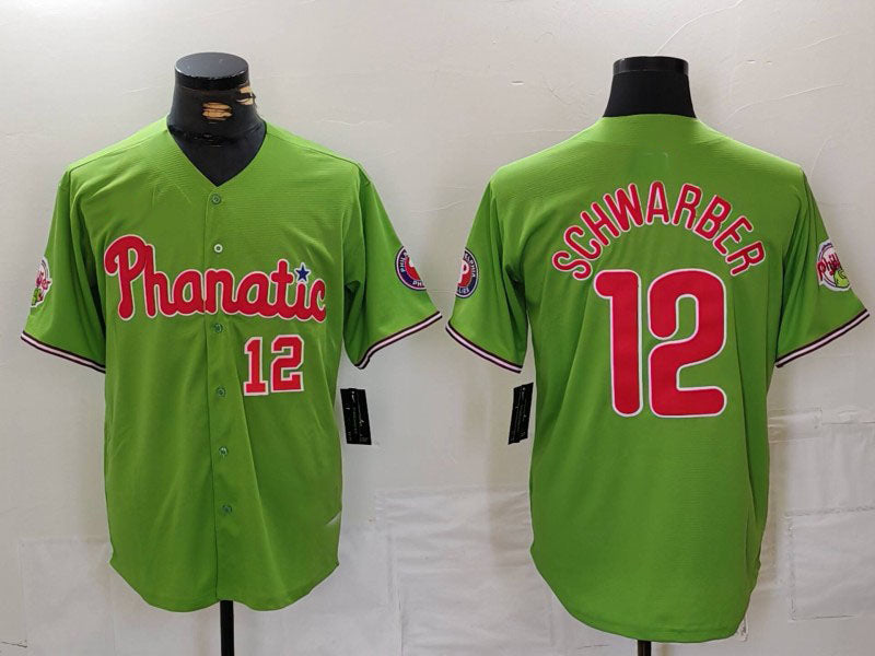 P.Phillies #12 Kyle Schwarber Green With Patch Stitched Cool Base Player Baseball Jerseys