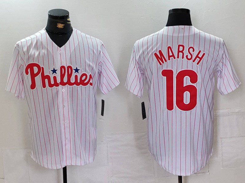 P.Phillies #16 Brandon Marsh Player Jersey White Pinstripe Stitched Cool Base Baseball Jerseys