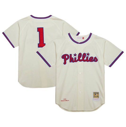 P.Phillies #1 Richie Ashburn Mitchell & Ness Cooperstown Collection 1948 Authentic Player Jersey - Cream Baseball Jerseys