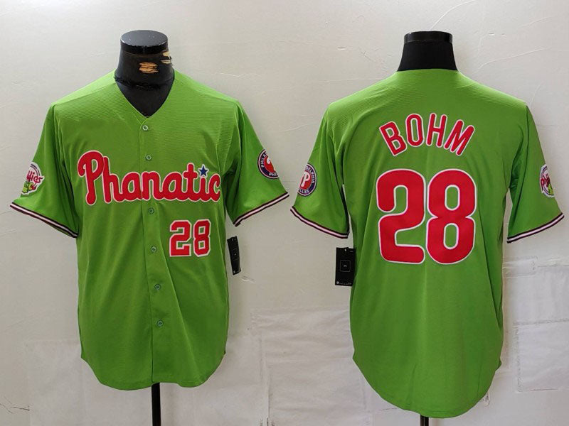 P.Phillies #28 Alec Bohm Player Green Game Jersey With Patch Stitched Cool Base Baseball Jerseys