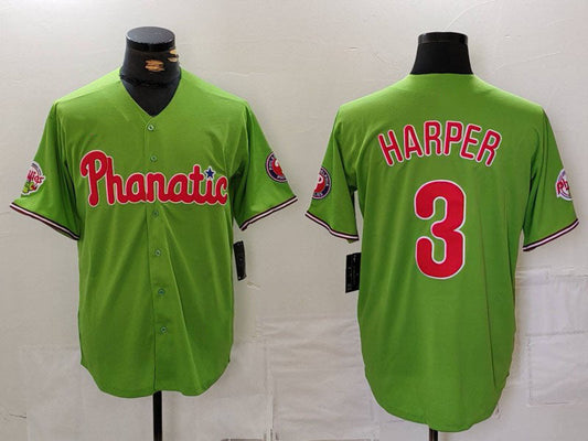 P.Phillies #3 Bryce Harper Green Player With Patch Stitched Cool Base Baseball Jerseys