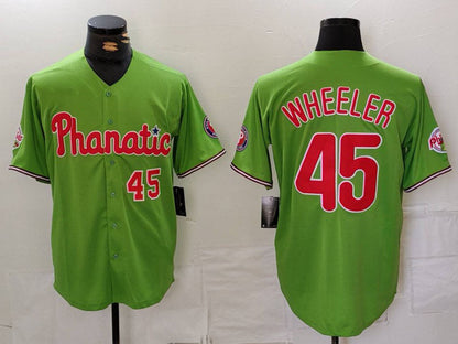 P.Phillies #45 Zack Wheeler Player Green With Patch Stitched Cool Base Baseball Jerseys