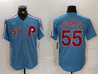 P.Phillies #55 Ranger Suarez Player Light Blue Cooperstown Cool Base Baseball Jerseys