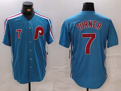 P.Phillies #7 Trea Turner Player Blue Game Jersey Cooperstown Throwback Cool Base Stitched Baseball Jerseys