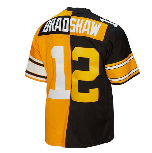 P.Steelers #12 Terry Bradshaw Mitchell & Ness 1976 Split Legacy Replica Player Jersey - Black/Gold Stitched American Football Jerseys