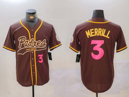 S.Diego Padres #3 Jackson Merrill Player Brown Cool Base Stitched Baseball Jerseys