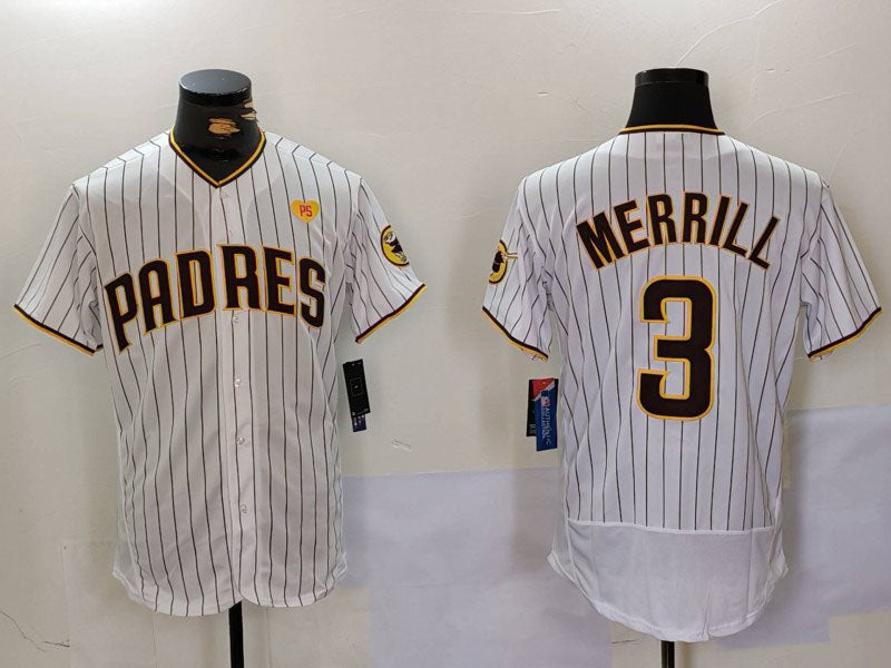 S.Diego Padres #3 Jackson Merrill Player White With PS Patch Stitched Flex Base Baseball Jerseys