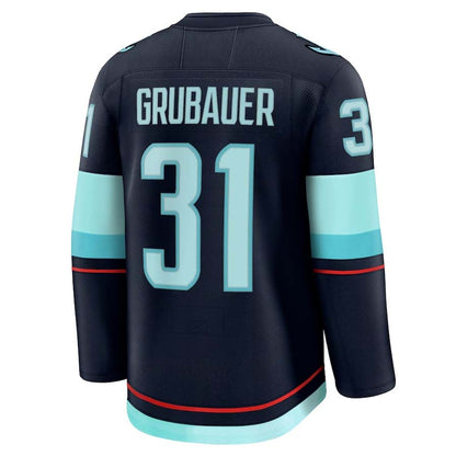 S.Kraken #31 Philipp Grubauer Fanatics Player Premium Jersey - Deep Sea Blue Stitched American Hockey Jerseys