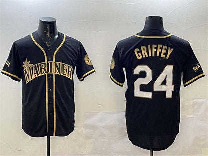 S.Mariners #24 Ken Griffey Jr. Player Game Jersey Black Gold Cool Base Stitched Baseball Jerseys