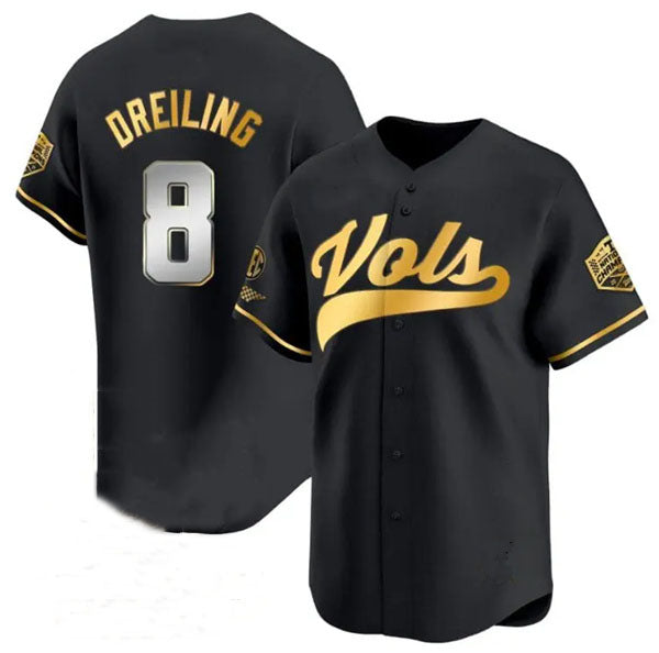 T.Volunteers #8 Dylan Dreiling Player Black Gold Champions Vapor Limited Baseball Stitched American College Jerseys