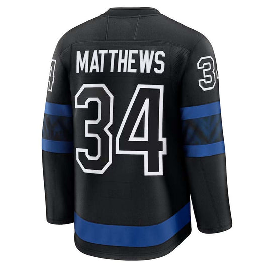 T.Maple Leafs #34 Auston Matthews Player Fanatics Captain Patch Alternate Premium Jersey - Black Stitched American Hockey Jerseys