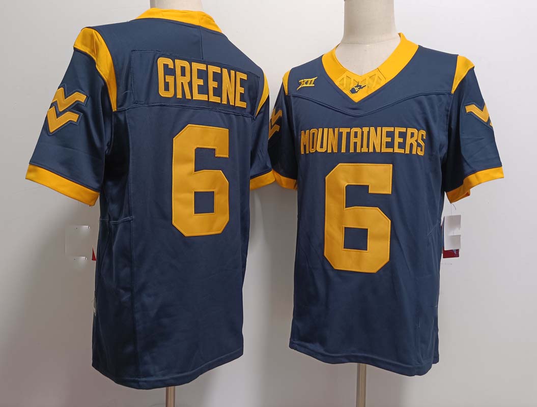 W.Virginia Mountaineers #6 Garrett Greene Player Jersey Navy FUSE Stitched American College Jerseys