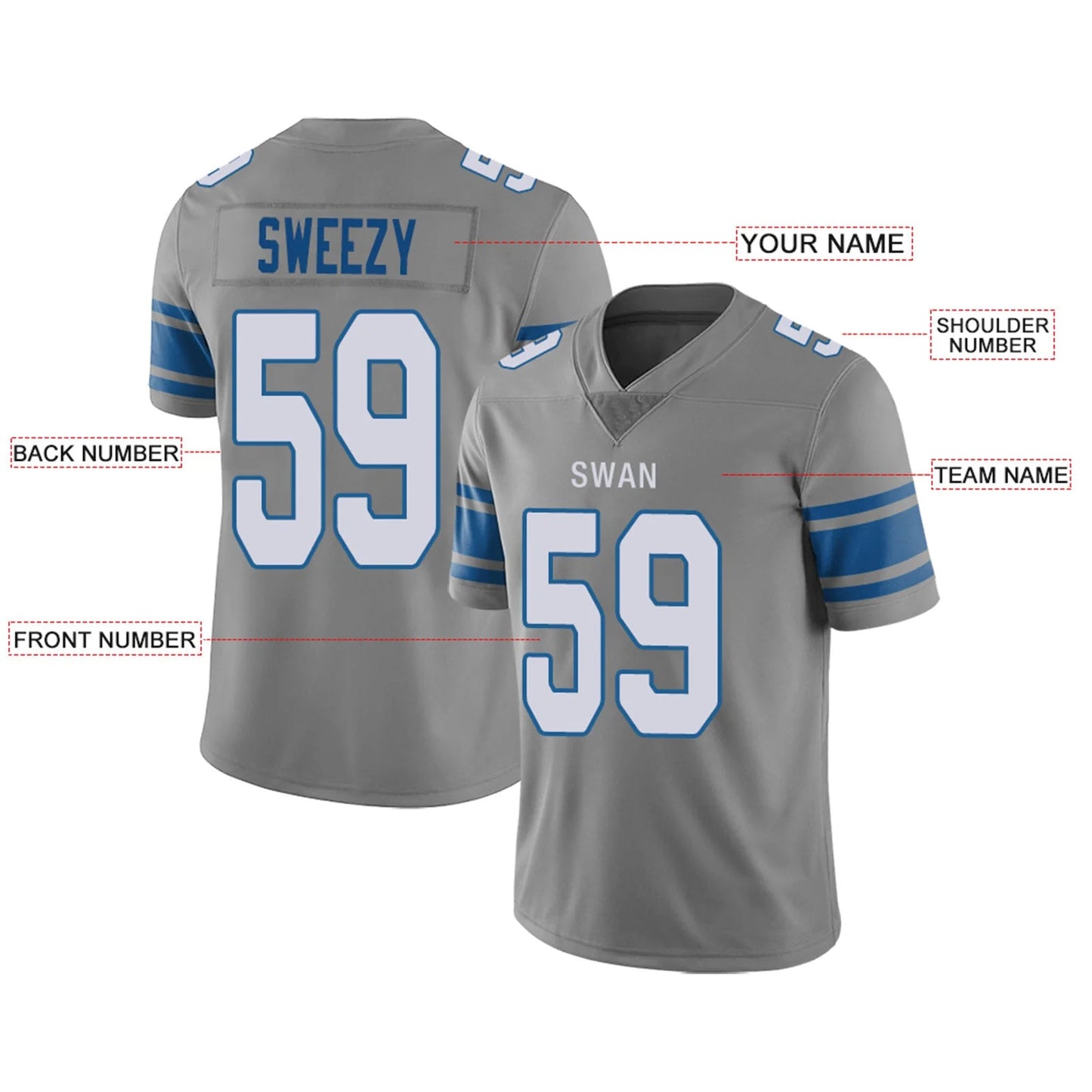 Custom D.Lions Gray Personalized Design Your Own Name and Number for Men Women Youth Jerseys